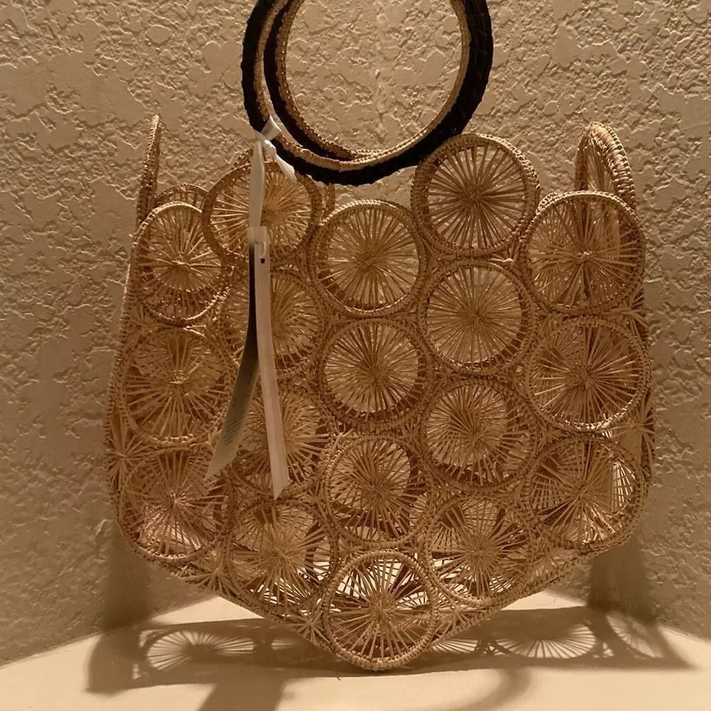 Guadalupe Alamo Basket Bag Neutral Tan Open Weave Artsy Coastal Boho Unique NWT